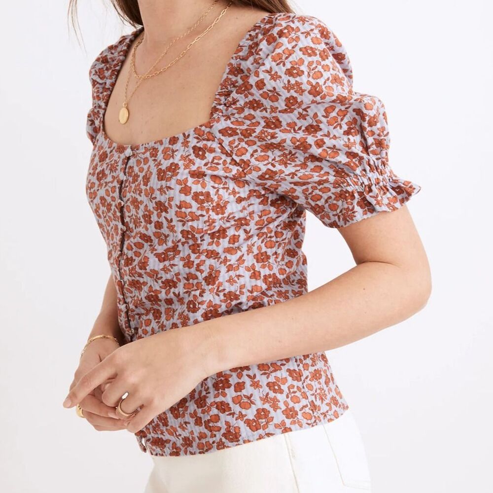 Madewell Cotton Button-Front Smocked-Back Square Neck Floral Top Bubble Sleeve 2